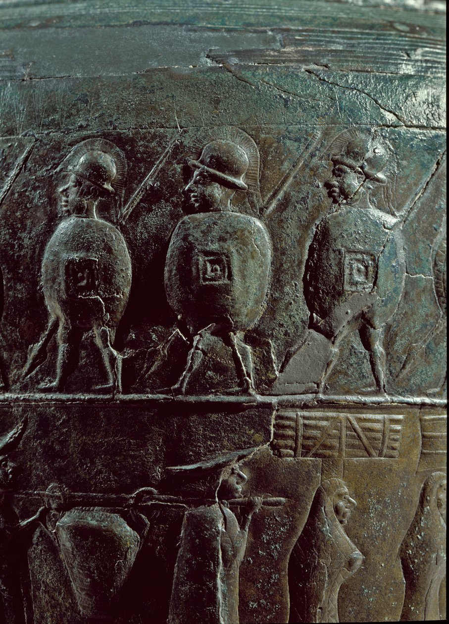 Esihistoriallinen taide: yksityiskohta sotureista. Situla, pronssipyksidi 500 eKr. (rautakausi) Certosan hautausmaalta. Koko 32 cm Bologna, Civic Archaeological Museum tekijältä Iron Age
