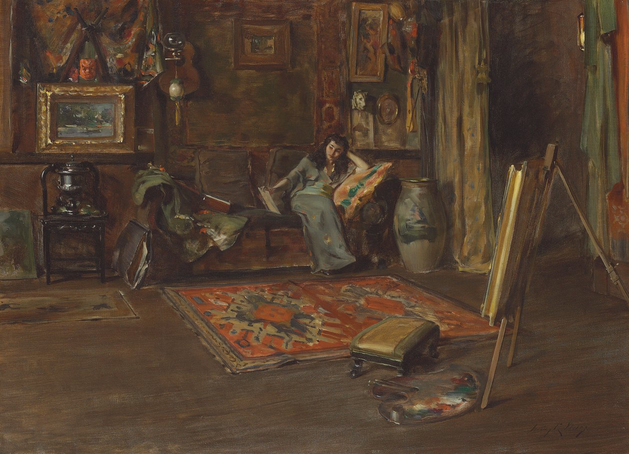 William Merritt Chasen Tenth Street Studion sisustus (öljy kankaalle) tekijältä Irving Ramsay Wiles