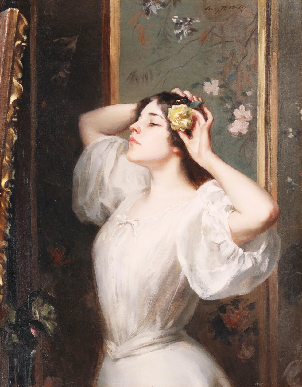 Keltainen ruusu, n. 1900 (öljy kankaalle) tekijältä Irving Ramsay Wiles