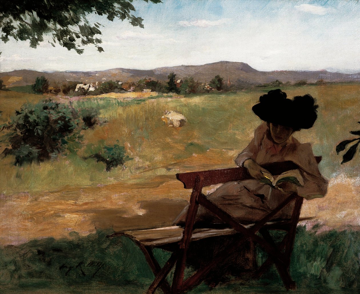Nainen istuu penkillä lukemassa tekijältä Irving Ramsay Wiles