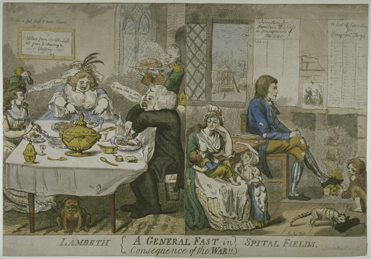 Yleinen paasto sodan vuoksi!!..., noin 1794 (värillinen etsaus). tekijältä Isaac Cruikshank