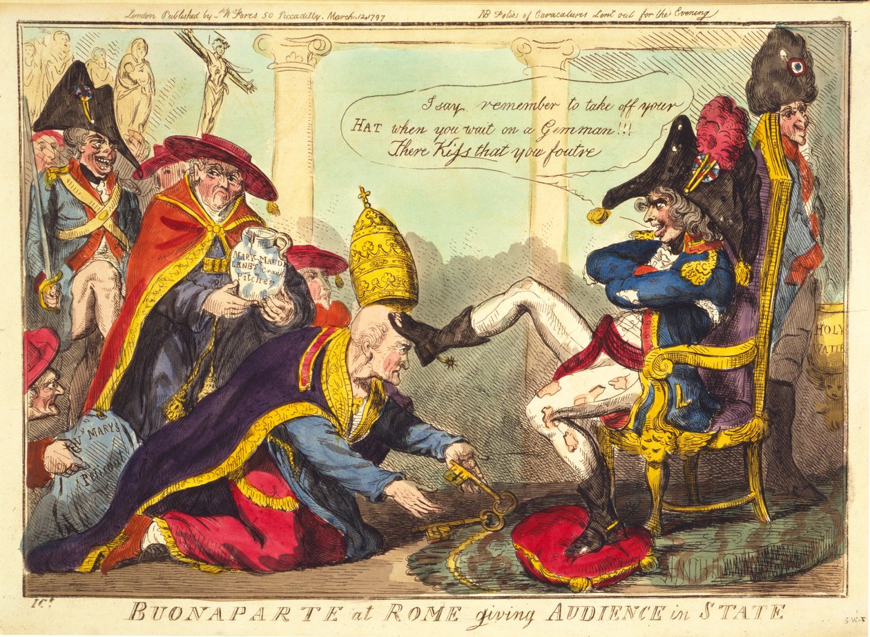 Buonaparte Roomassa antamassa valtiollista audienssia, pub. 1797 (käsin väritetty kaiverrus) tekijältä Isaac Cruikshank