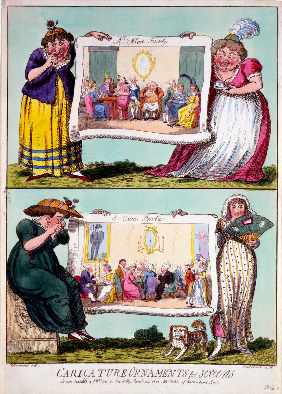 Karikatyyrikoristeet näytöille, 1800 (käsinvärinen kaiverrus) tekijältä Isaac Cruikshank