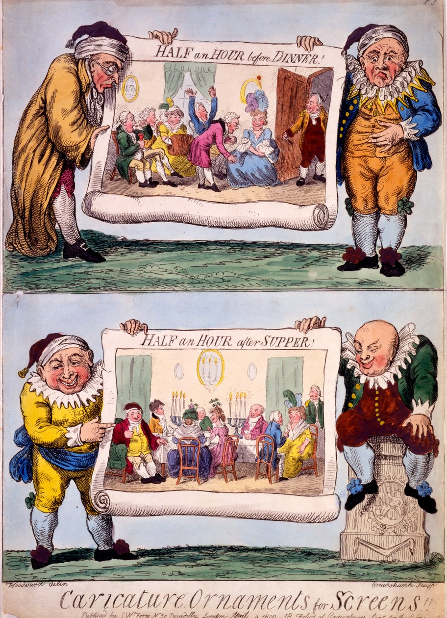 Karikatyyrikoristeet näytöille, 1800 (käsinvärinen kaiverrus) tekijältä Isaac Cruikshank