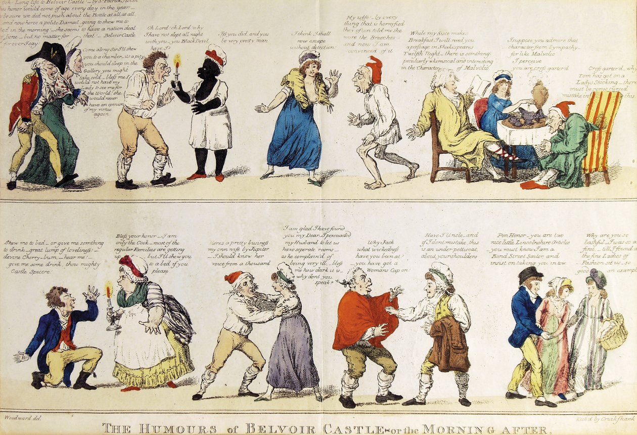 Karikatyyri, joka kuvaa Rutlandin 5. herttuan irstailevaa ikääntymisjuhlaa, 1799 tekijältä Isaac Cruikshank