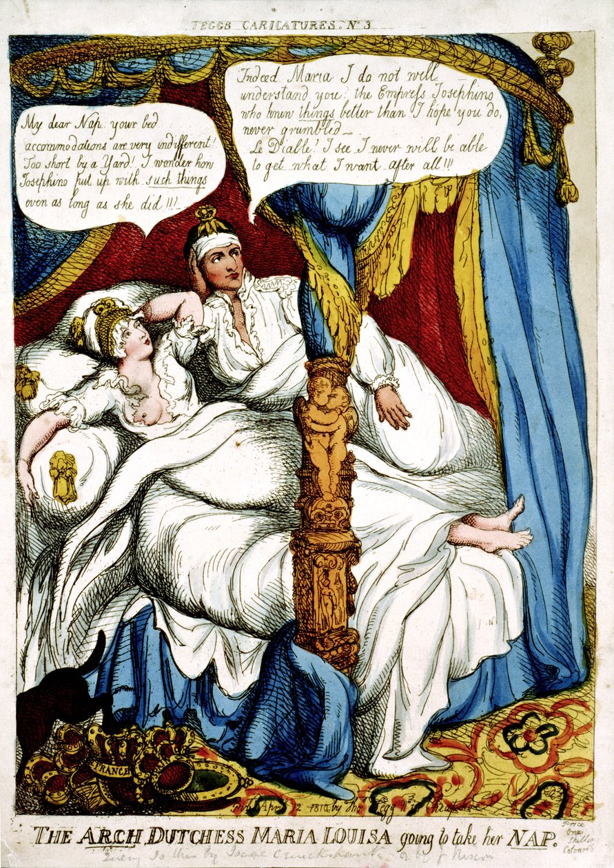 "Arkkiherttuatar Maria Louisa aikoo ottaa päiväunensa", karikatyyri Napoleonin ja Maria Louisan avioliitosta, julkaistu 12. huhtikuuta 1810 tekijältä Isaac Cruikshank