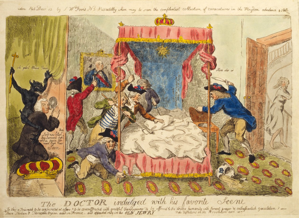 Lääkäri hemmotteli suosikkikohtauksellaan, 1790 (käsinvärinen etsaus) tekijältä Isaac Cruikshank