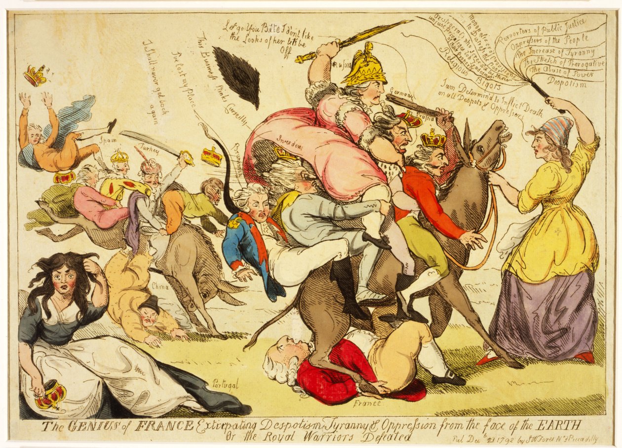 Ranskan nero, joka tuhoaa despotismin, tyrannian ja sorron maan kasvoilta tai kuninkaalliset soturit voitettuina, pub. 1792 (käsinvärinen etsaus) tekijältä Isaac Cruikshank