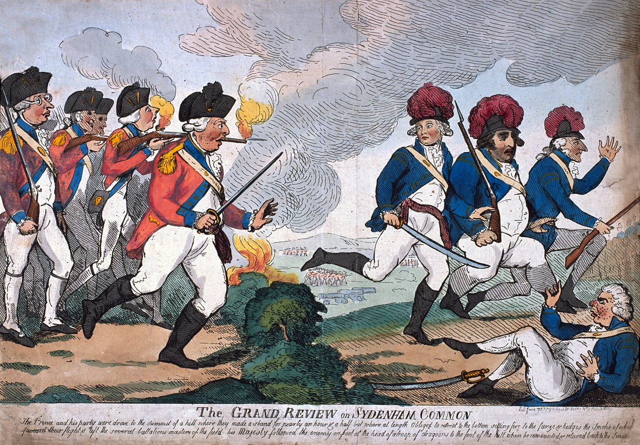 "The Grand Review on Sydenham Common" (värillinen etsaus) tekijältä Isaac Cruikshank