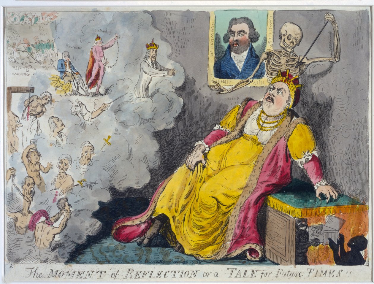 Pohdinnan hetki vai tarina tulevia aikoja varten, pub. 1796 (käsin väritetty etsaus) tekijältä Isaac Cruikshank
