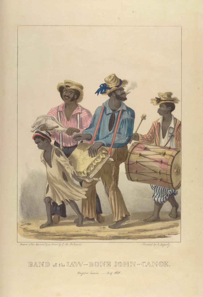 Leukaluun nauha John-Canoe, kuvitus artikkelista "Sketches of Character...", 1837 tekijältä Isaac Mendes Belisario