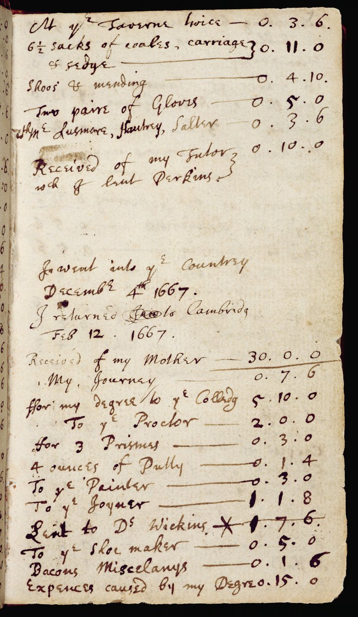 Ms 1-1936 f.7r Sivu muistikirjasta, joka sisältää Newtonin ajatuksia optiikasta ja hänen kotitalouksiensa tileistä, n. 1665-68 (muste paperilla) tekijältä Isaac Newton