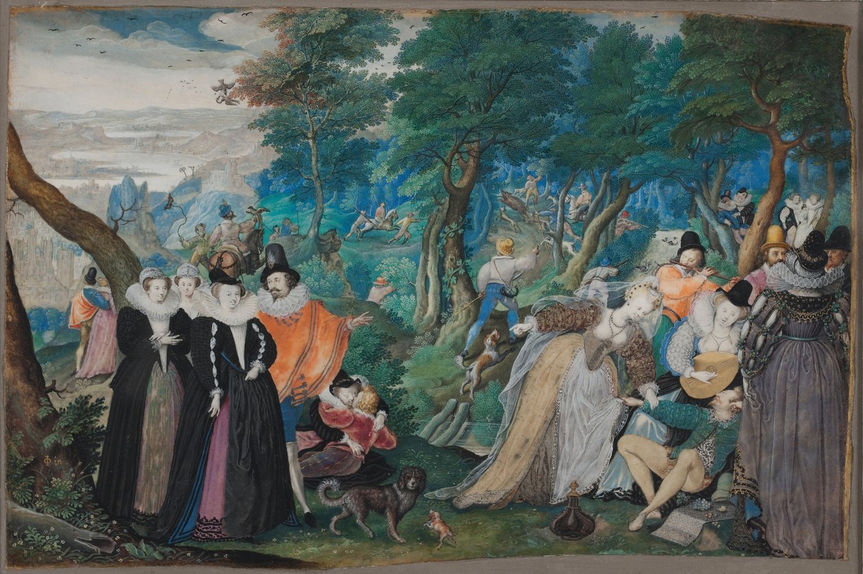 Juhlat ulkoilmassa. Allegoria aviollisesta rakkaudesta, n. 1590-1595 (guassi ja vesiväri pergamentille, joka on liimattu kartongille). tekijältä Isaac Oliver