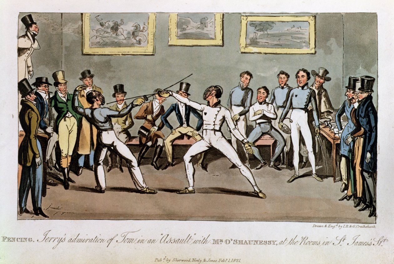 Aitaaminen: Pierce Eganin "Life in London" -teoksesta, 1821 (värillinen akvatintta). tekijältä Isaac, Robert and George Cruikshank