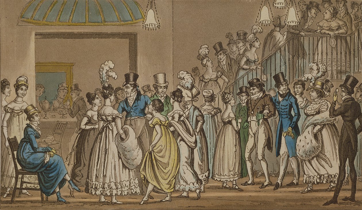 Covent Garden Theatren aulassa, Pierce Eganin teoksesta Life in London, 1821-22 (värillinen akvatinta) tekijältä Isaac, Robert and George Cruikshank