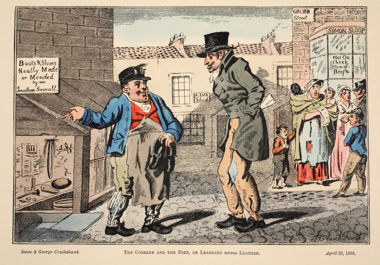 Suutarit ja runoilija, eli Learning vs. Leather, 1808 (käsinvärinen kaiverrus) tekijältä Isaac, Robert and George Cruikshank