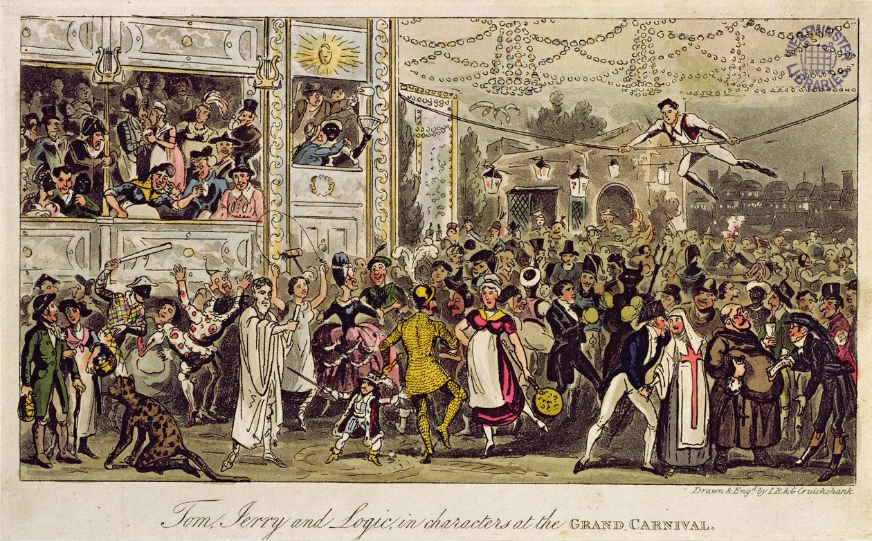 Tom, Jerry ja logiikka hahmoissa Grand Carnivalissa, Pierce Eganin teoksesta Life in London, 1821 (värillinen akvatinta) tekijältä Isaac, Robert and George Cruikshank
