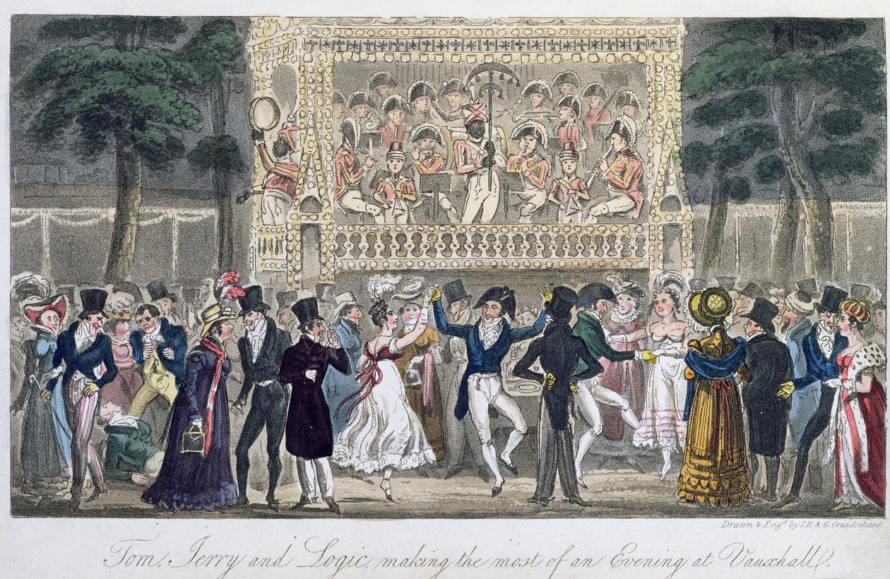 Tom, Jerry ja Logic ottavat kaiken irti illasta Vauxhallissa, Pierce Eganin "Life in London" -sarjasta, 1821 (värillinen akvatinta) tekijältä Isaac, Robert and George Cruikshank