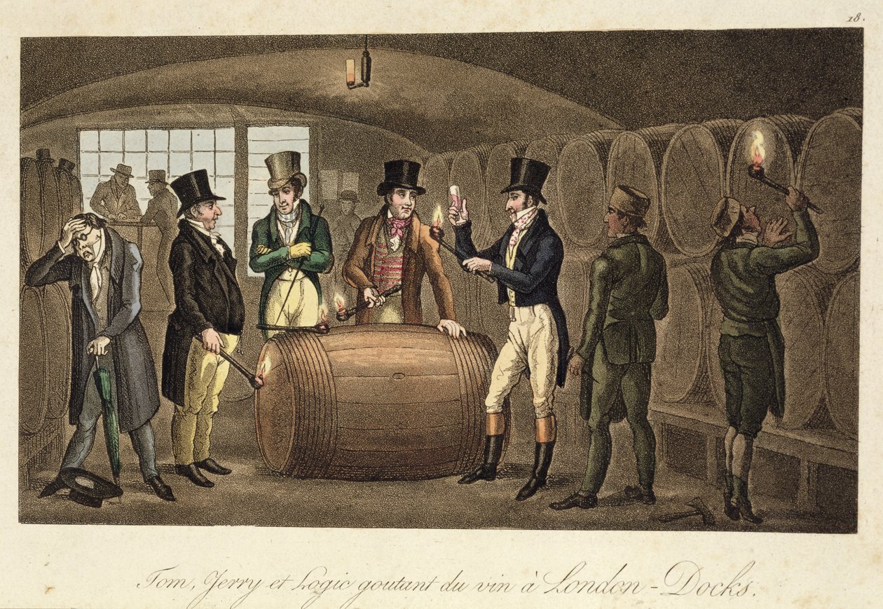 Tom, Jerry ja Logic maistelemassa viiniä London Docksissa, Pierce Eganin "Life in London", 1821-22 (värillinen akvatinta) tekijältä Isaac, Robert and George Cruikshank