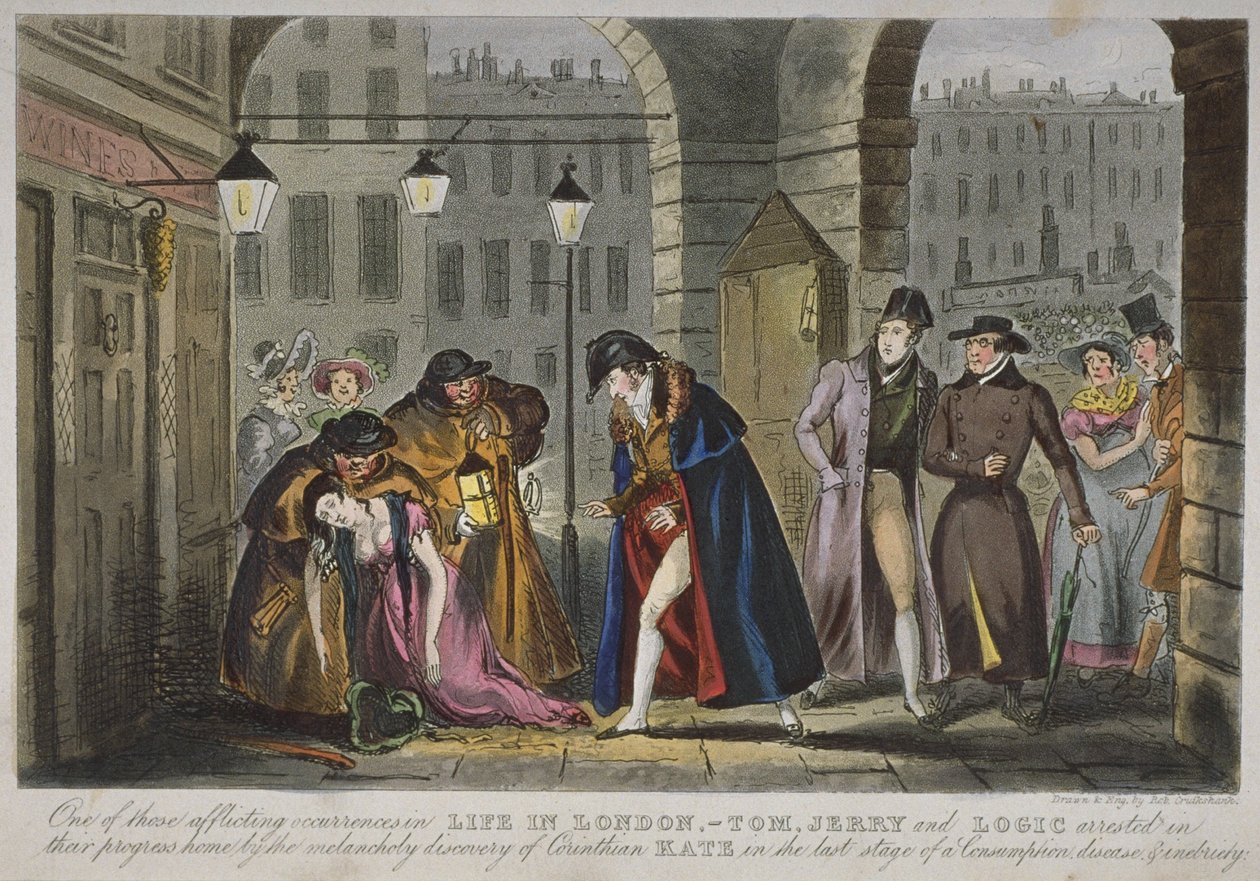 Kohtaus Covent Gardenin aukioiden alla, 1830 (käsinvärinen akvatinta) tekijältä Isaac Robert Cruikshank