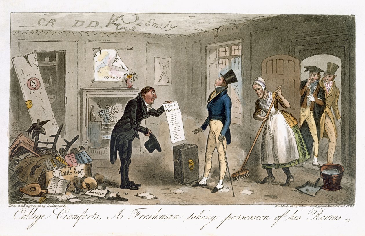 College Comforts, fuksi ottaa huoneet haltuunsa Charles Molloy Westmacottin (1788-1868) Lontoossa 1825 julkaistusta "Englannin vakoojasta" tekijältä Isaac Robert Cruikshank