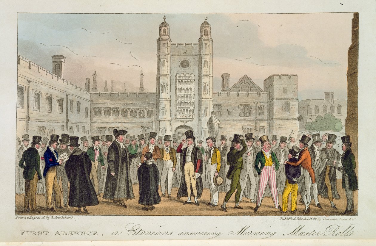 First Absence, eli etonilaiset vastaamassa aamun mestarirullaan, vuonna 1824 julkaistusta Englannin vakoojasta tekijältä Isaac Robert Cruikshank