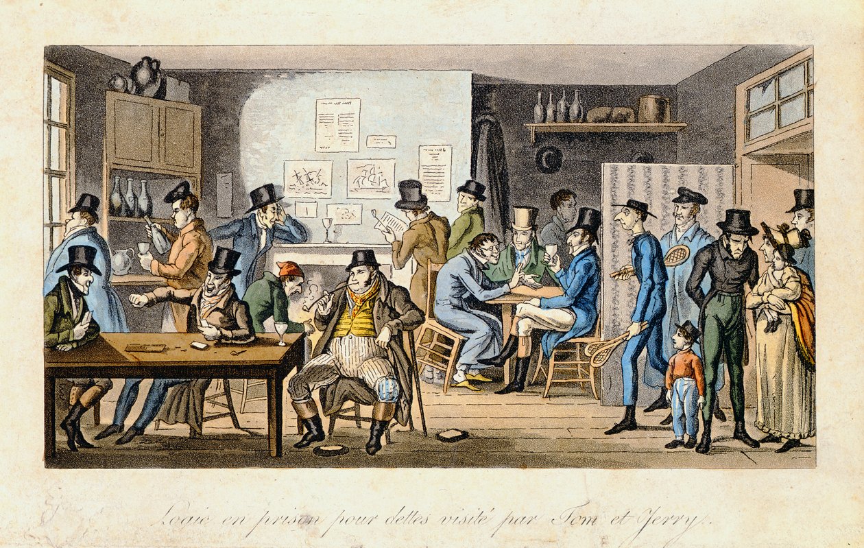 Logiikka velallisten vankilassa, jossa Tom ja Jerry vierailevat, Pierce Eganin "Life in London", 1821-22 (värillinen akvatinta) tekijältä Isaac Robert Cruikshank