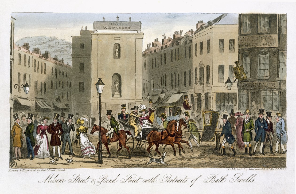 Milsom Street und Bond Street, jossa on muotokuvia Bath Swellsistä, Englannin vakoojasta, Charles Molloy Westmacott (1788-1868), julkaissut Lontoossa, 1825 tekijältä Isaac Robert Cruikshank