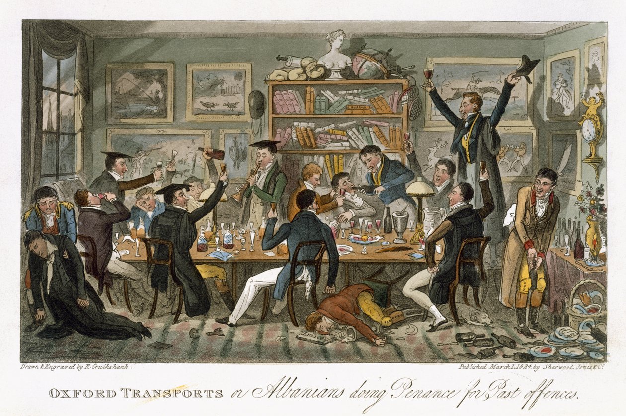 Charles Molloy Westmacottin (1788-1868) Lontoossa vuonna 1825 julkaisema Oxford Transports eli albaanit tekevät katumusta menneistä rikoksista. tekijältä Isaac Robert Cruikshank