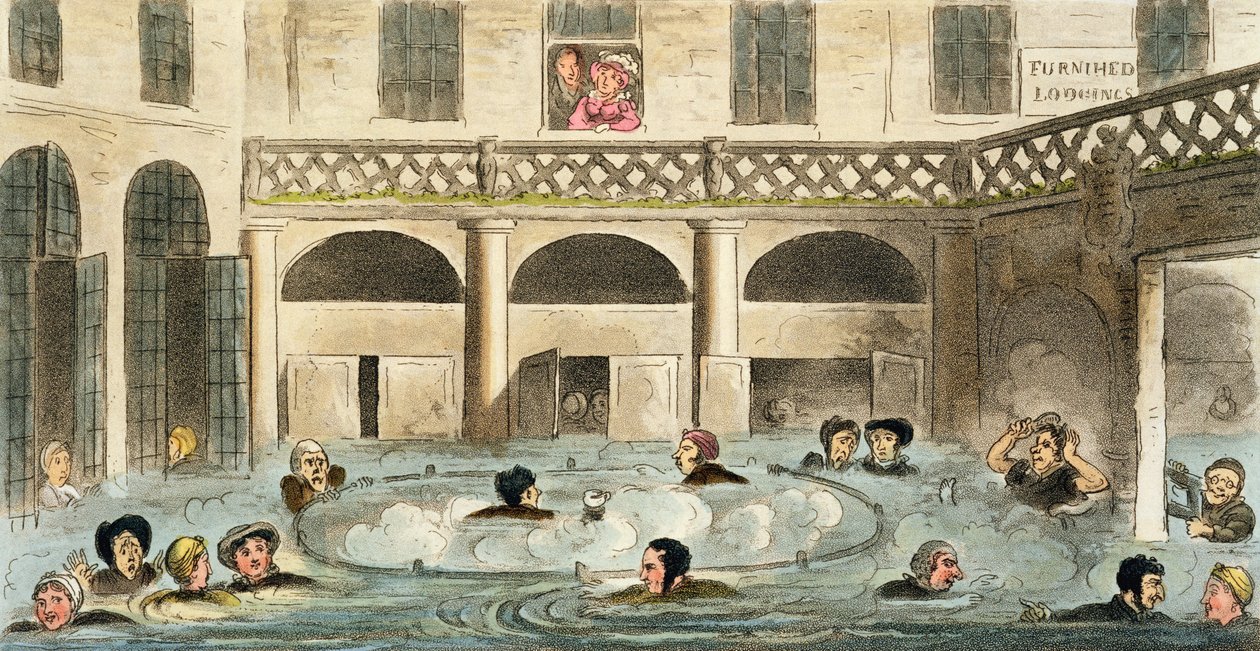 Public Bathing at Bath, or Stewing Alive, Sherwood und Co:n julkaisema painos, 1825 tekijältä Isaac Robert Cruikshank