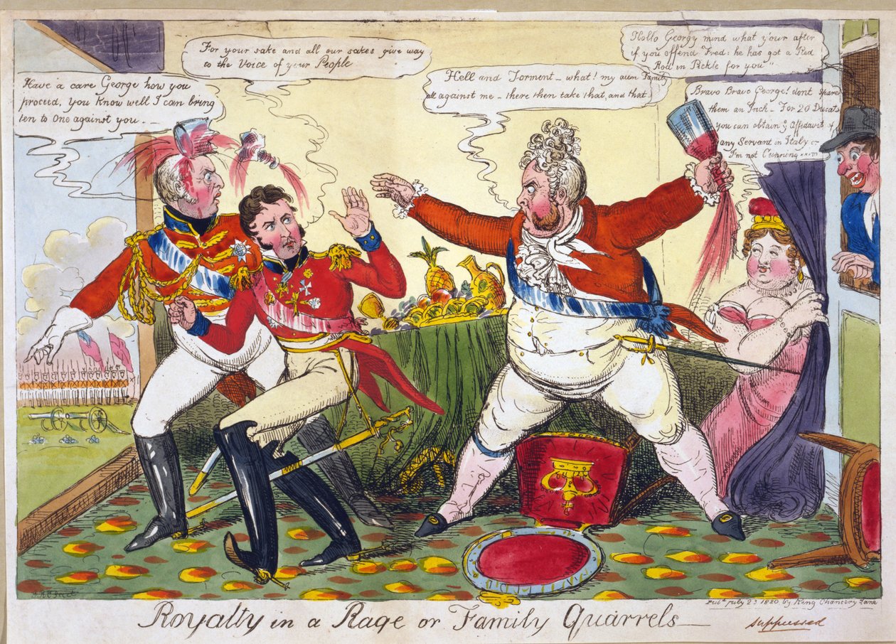 Kuninkaalliset raivoissaan tai perheriidat, pub. Lontoo, 23. heinäkuuta 1820 (käsin väritetty kaiverrus). tekijältä Isaac Robert Cruikshank