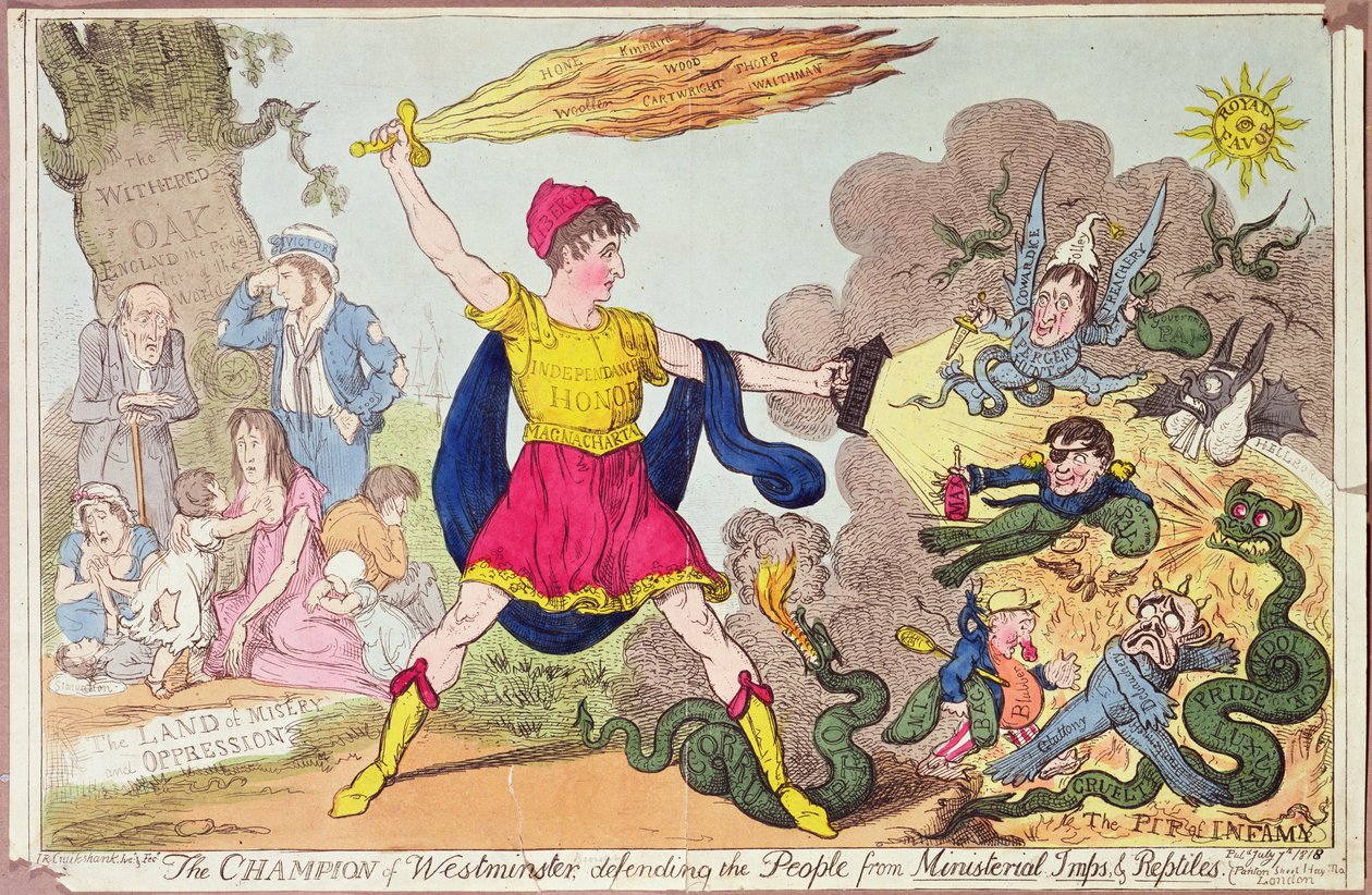Westminsterin mestari, joka puolustaa kansaa ministerijoukkoja ja matelijoita vastaan, 1818 (värietsaus) tekijältä Isaac Robert Cruikshank