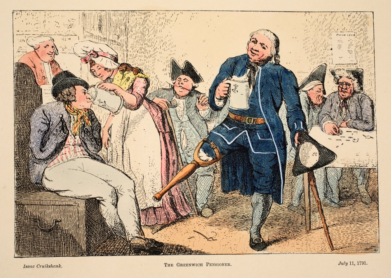 The Greenwich Pensioner, pub. 1791 (käsin väritetty kaiverrus) tekijältä Isaac Robert Cruikshank