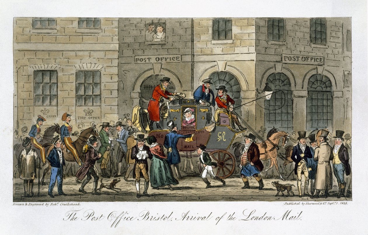 The Post Office Bristol, Lontoon postin saapuminen, Charles Molloy Westmacottin (1788-1868) julkaisusta The English Spy, julkaisi Lontoossa 1825 tekijältä Isaac Robert Cruikshank