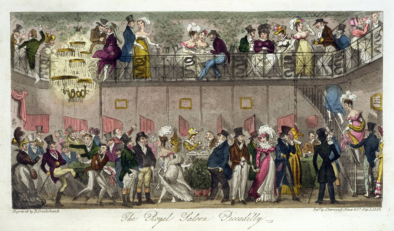 The Royal Saloon, Piccadilly, "The English Spy" julkaistiin vuonna 1824 tekijältä Isaac Robert Cruikshank