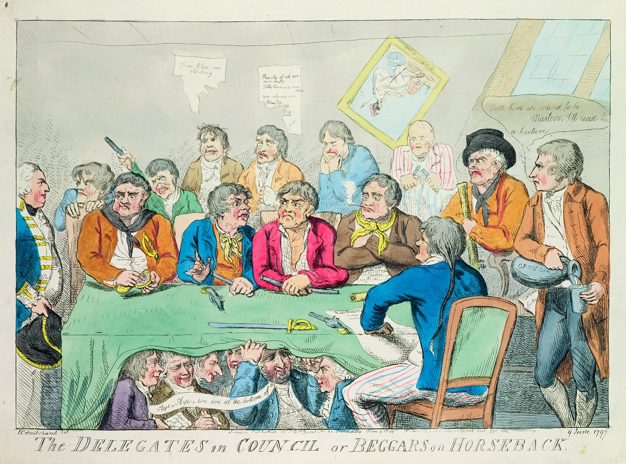 Valtuuston edustajat tai kerjäläiset hevosen selässä, 1797 (värietsaus) tekijältä Isaac Robert Cruikshank
