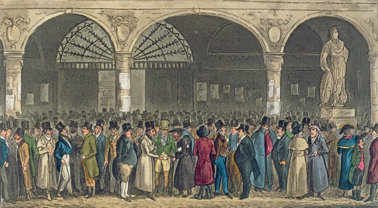 Tom und Jerry vierailemassa pörssissä, Pierce Eganin teoksesta Life in London, 1821 (värillinen akvatinta) tekijältä Isaac Robert Cruikshank