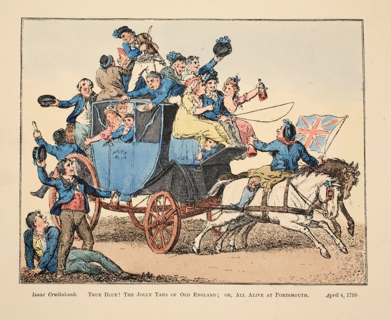 True Blue! The Jolly Tars of Old England; or All Alive at Portsmouth, pub. 1799 (käsin väritetty kaiverrus). tekijältä Isaac Robert Cruikshank