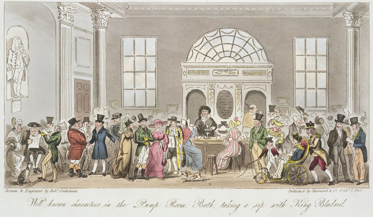 Tunnettuja hahmoja pumppuhuoneessa, kylpy, siemaillen kuningas Bladudin kanssa, Sherwood und Co:n julkaisu, 1825 tekijältä Isaac Robert Cruikshank