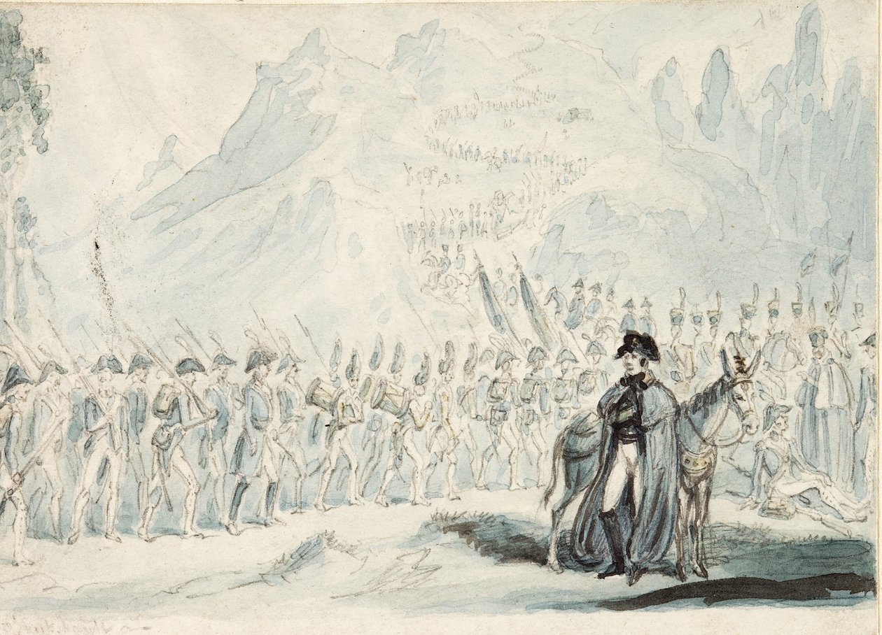 Wellington Pyreneillä muulinsa kanssa tekijältä Isaac Robert Cruikshank