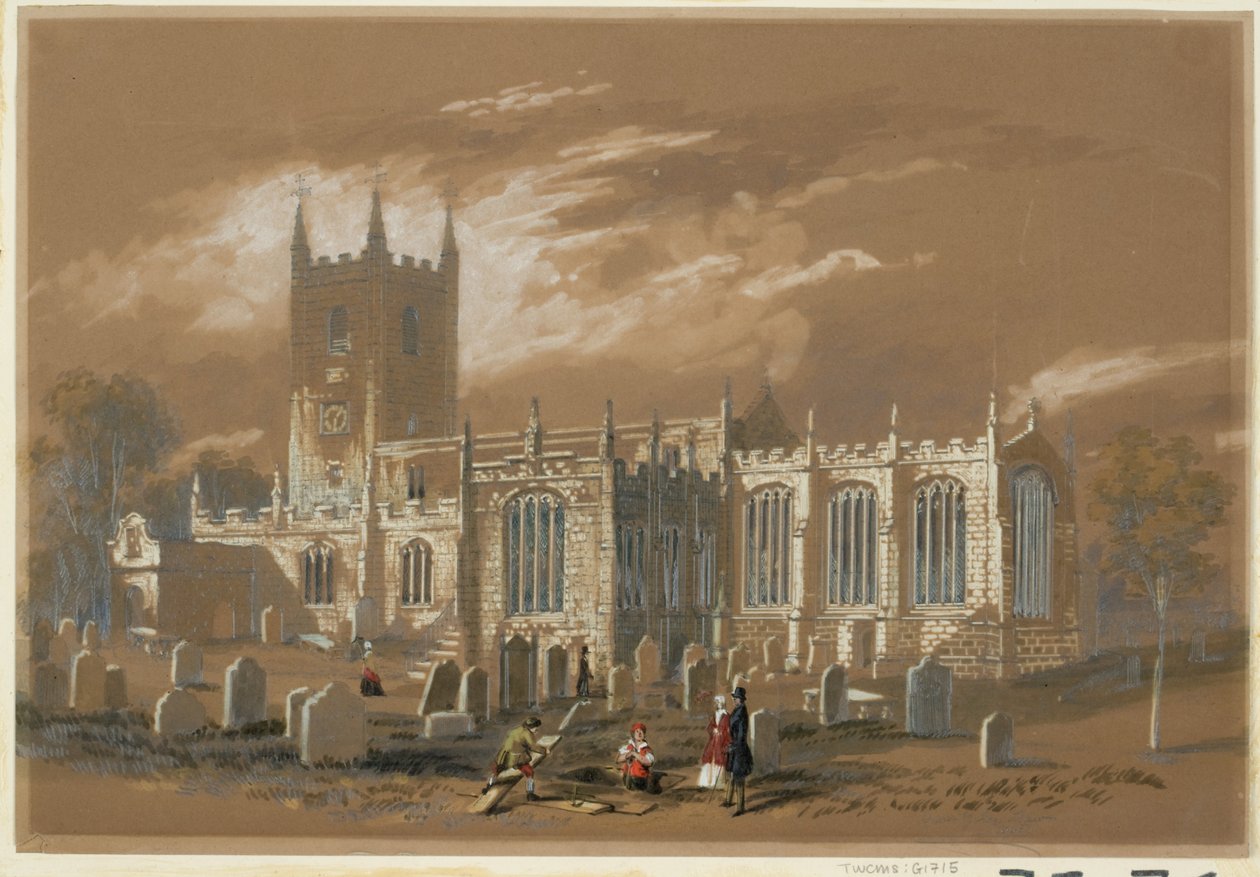 Pyhän Johanneksen kirkko, Newcastle, 1848 (vartaloväri, lyijykynä ja wc paperille) tekijältä Isaac Shaw
