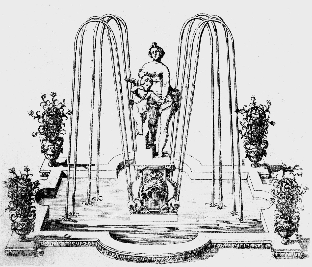 Suihkulähteen suunnittelu "The Gardens of Wiltonista", n. 1645 tekijältä Isaac de Caus
