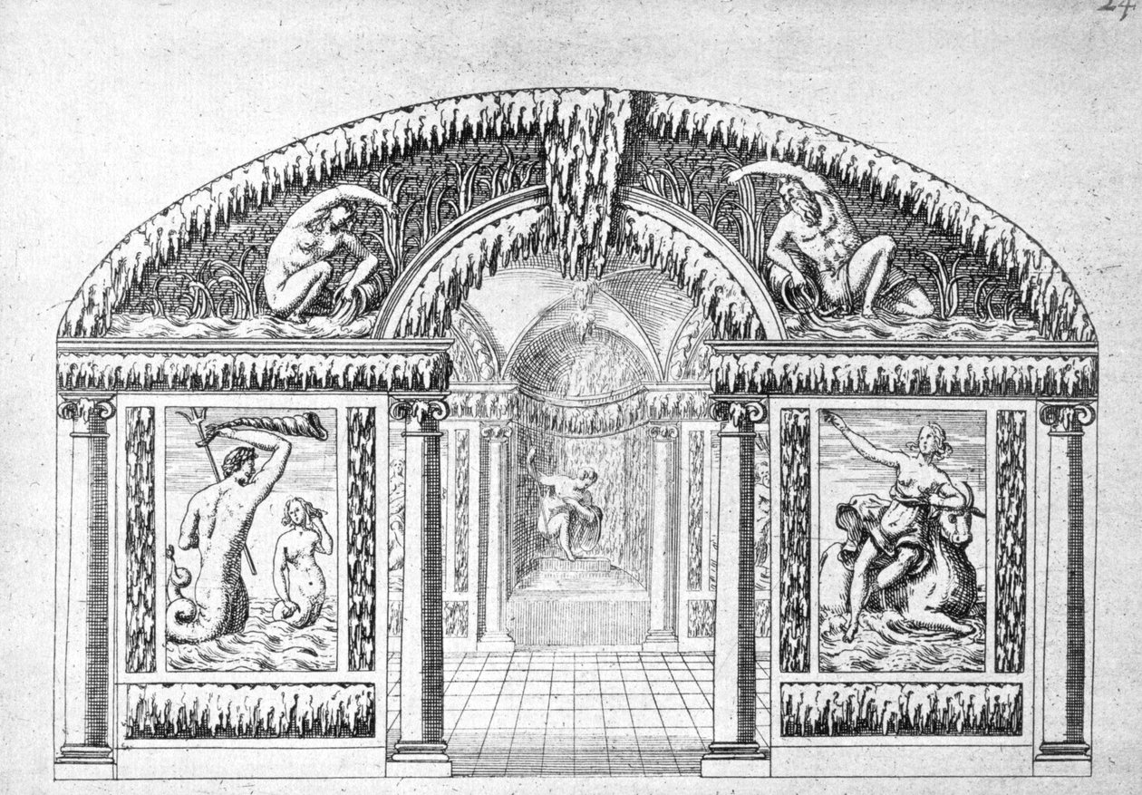 Grotto-piirustus Wiltonin puutarhoista, julkaistu noin vuonna 1645. tekijältä Isaac de Caus