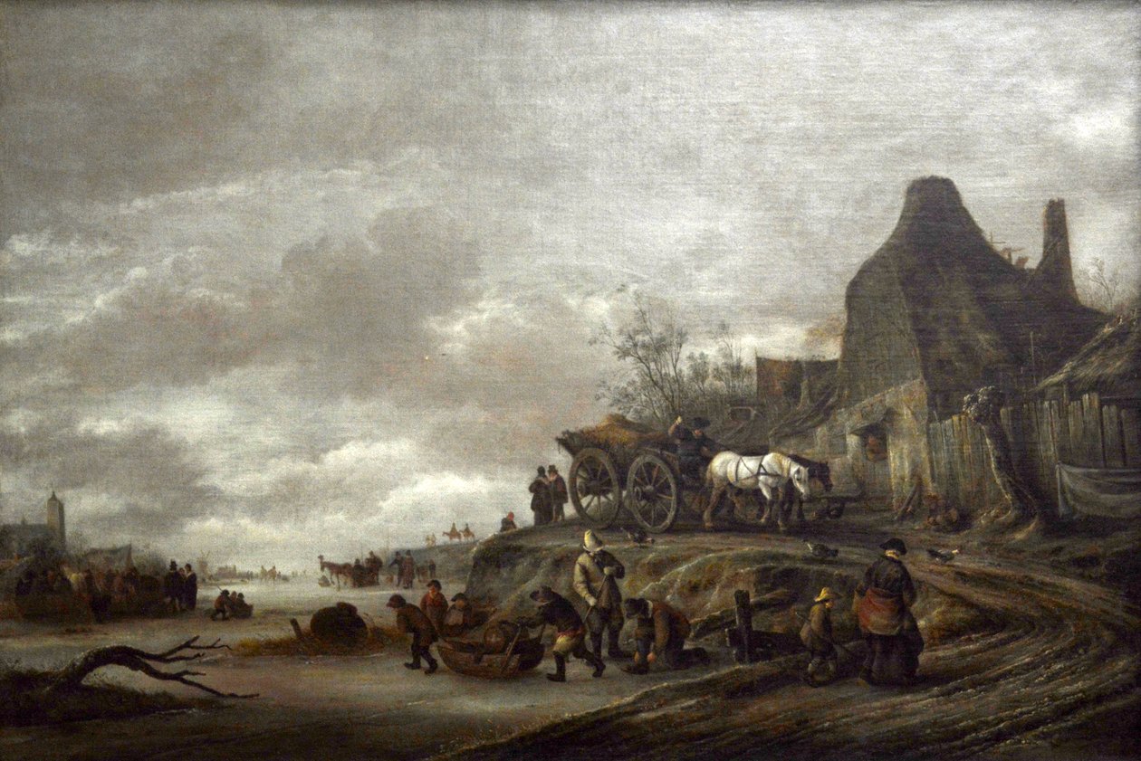 Canal gelé avec carriole descendant un chemin tekijältä Isaac van Ostade