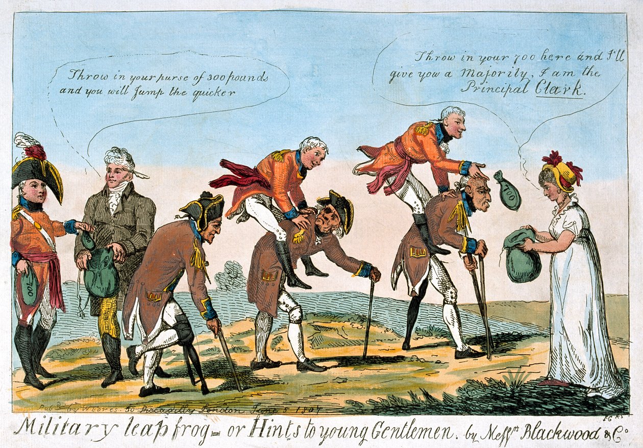 "Sotilaallinen hyppy sammakko eli vihjeitä nuorille herroille" tekijältä Isaac (after) Cruikshank