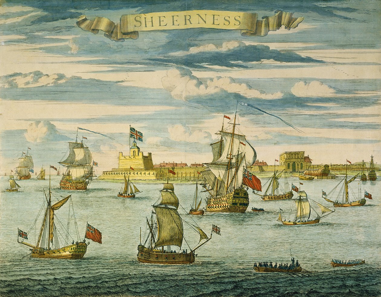 Sheerness, Kent, kaivertaja Johannes Kip (1652-1722) (käsin väritetty kaiverrus). tekijältä Isaac (after) Sailmaker