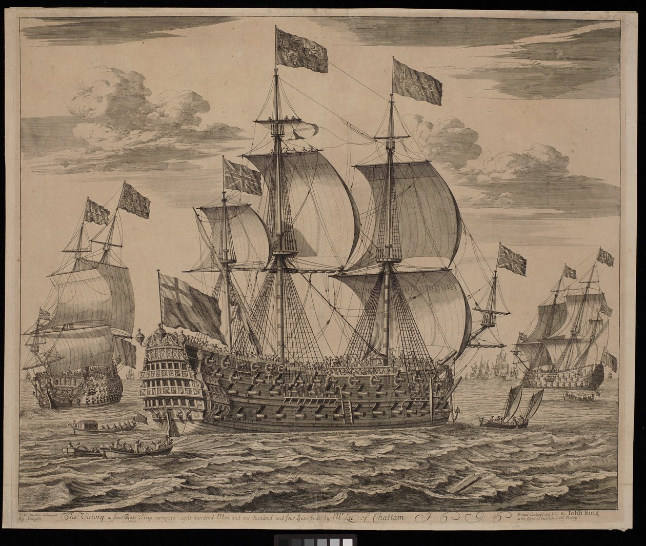 Victory, ensimmäisen luokan alus, joka kantaa kahdeksansataa miestä ja sata neljää tykkiä ja jonka on rakentanut Chathamin herra Lee (kaiverrus). tekijältä Isaac (after) Sailmaker