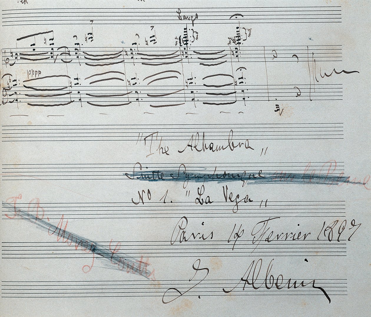 Nuotit pianosarjaan "" La Vega ", espanjalaisen säveltäjän ja pianistin Isaac Albenizin (1860-1909) nimikirjoituksella. Käsikirjoituksen päivämäärä 14. helmikuuta 1897. Katalonian kansalliskirjasto. tekijältä Isaac Albeniz