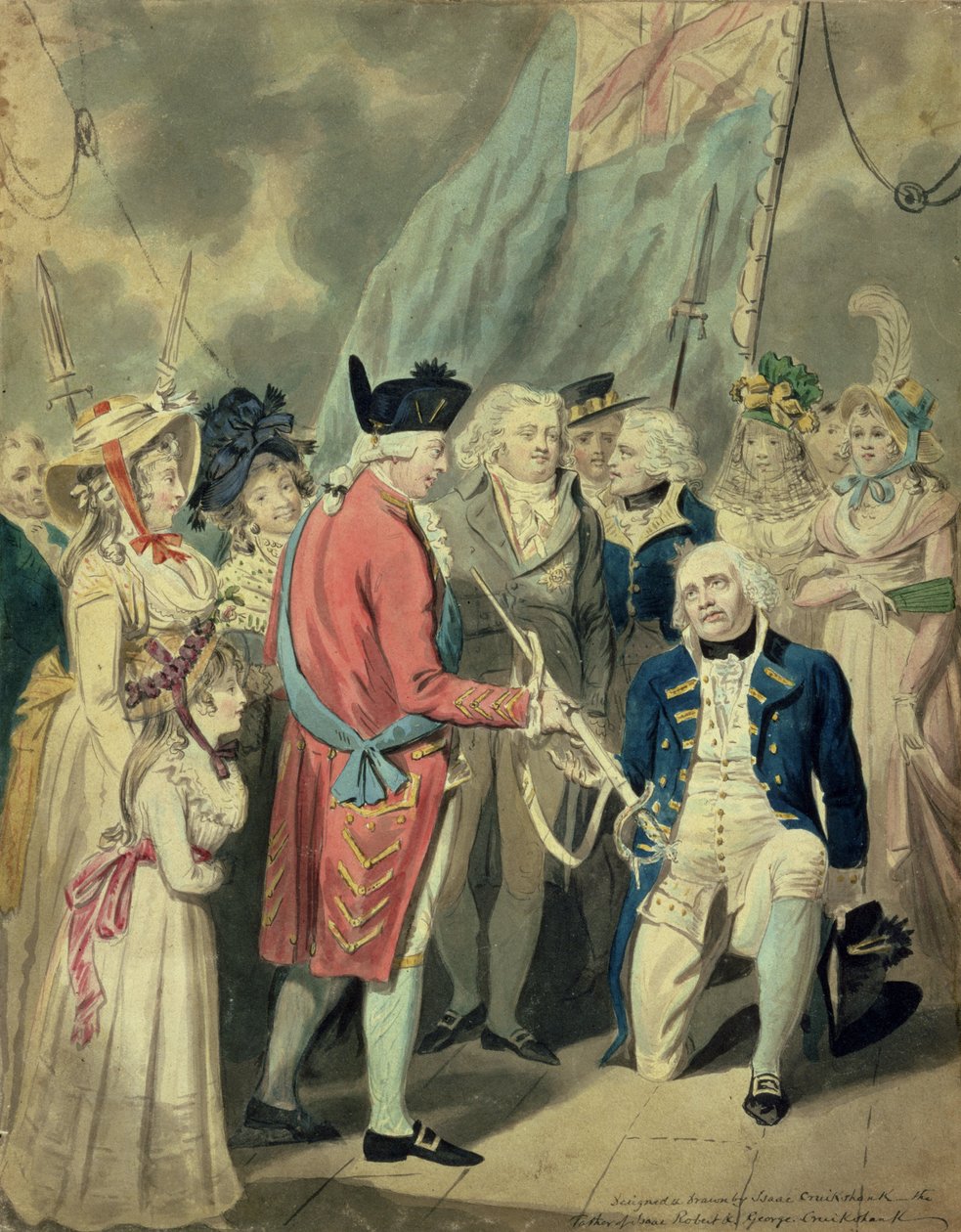 Amiraali Collingwood (1750-1810) Hopeamiekan vastaanottaminen (akvarelli paperille) tekijältä Isaac Cruikshank