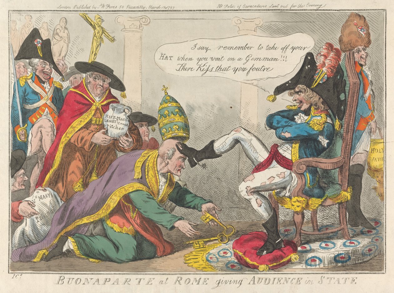 Buonaparte in Rom gibt Audienz im Staatsgewand tekijältä Isaac Cruikshank